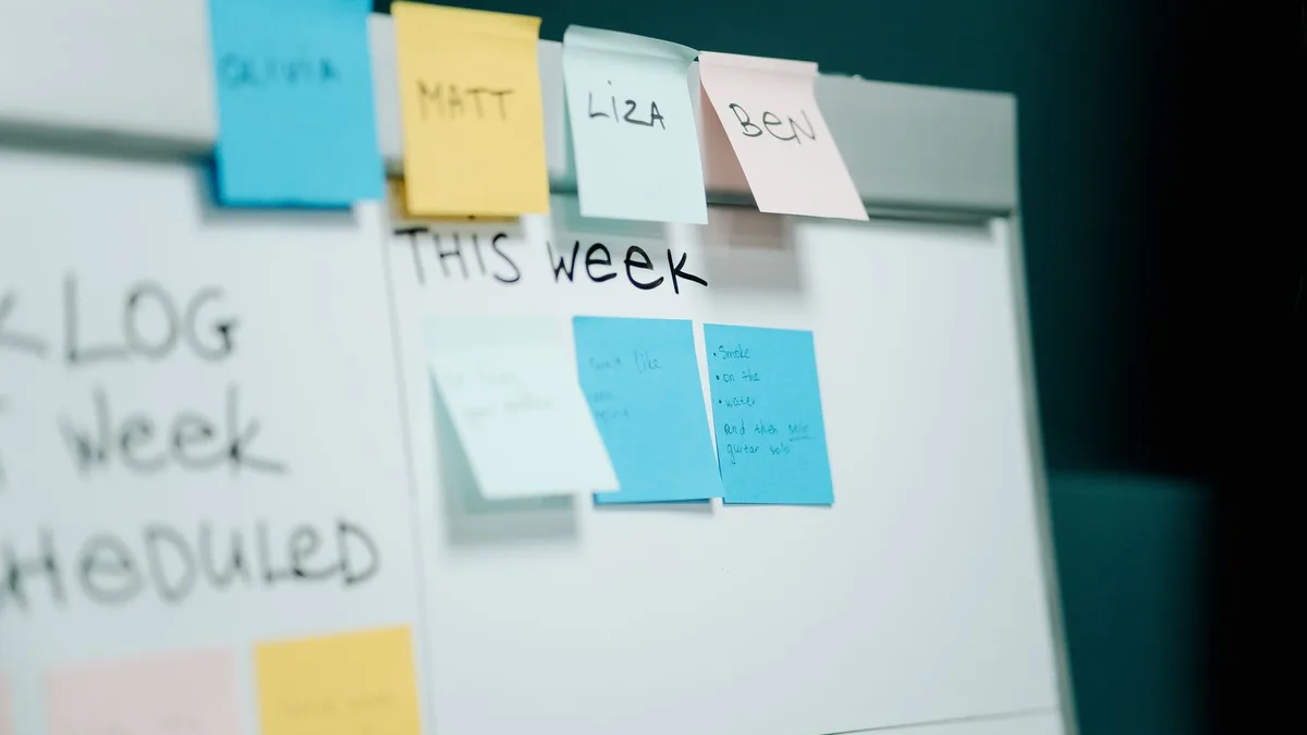 Team mapping a business process on a whiteboard with sticky notes