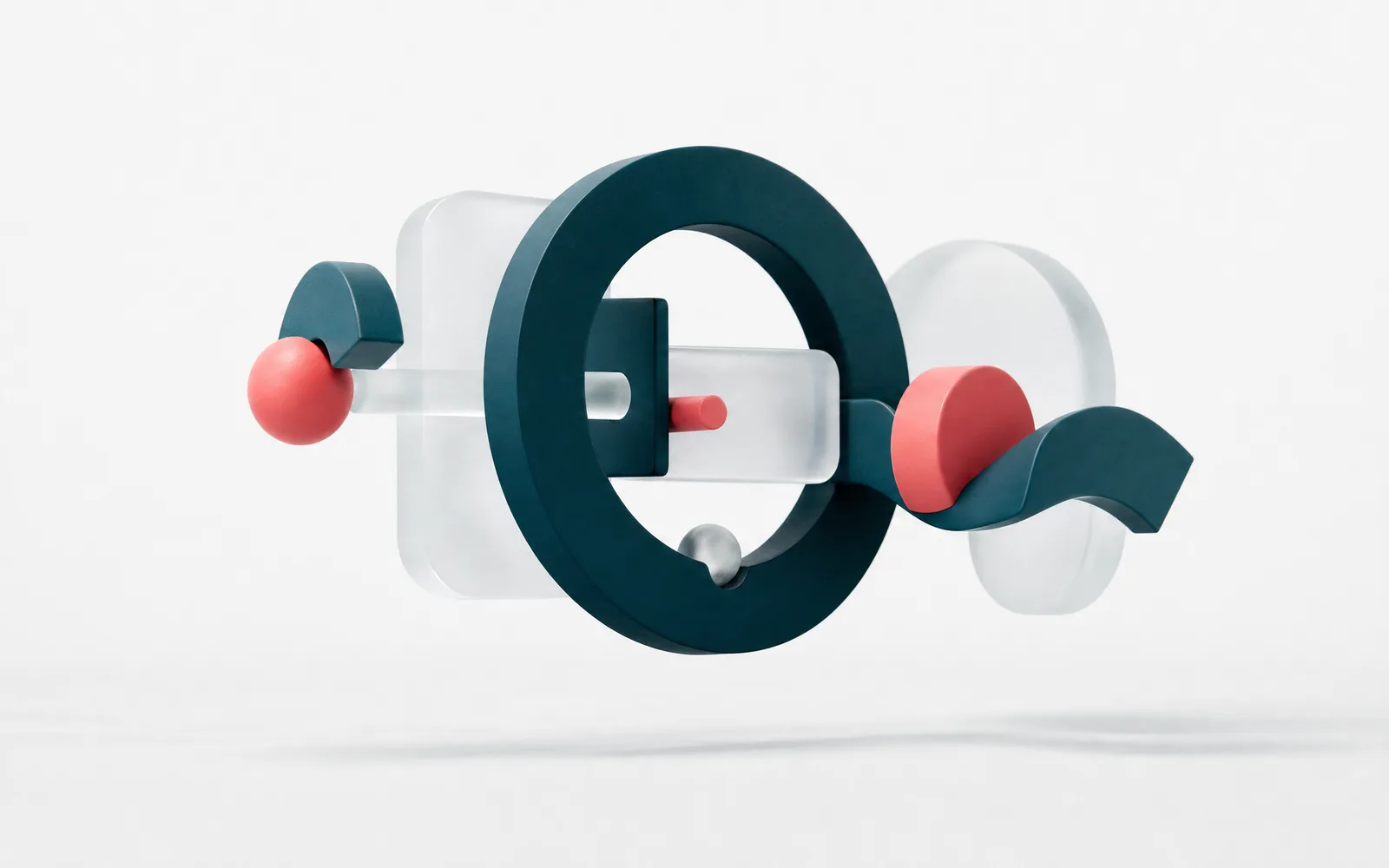 Abstract 3D render of interlocking petrol and coral shapes, AI business automation as a machine