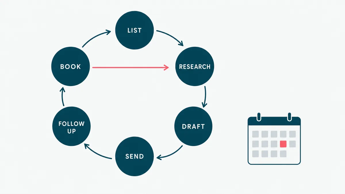The outbound loop an AI SDR runs: list, research, draft, send, follow up, book
