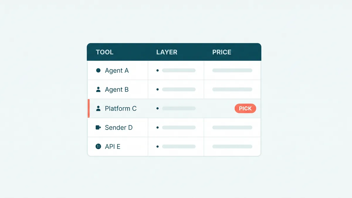 A comparison table of AI SDR tools scored by category, entry price, and trial