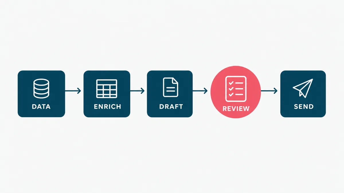 A human-in-the-loop outbound pipeline: data, enrich, draft, review, send