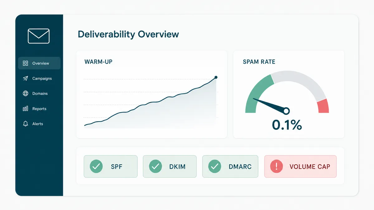 An email deliverability dashboard with a warm-up ramp, spam rate gauge, and SPF, DKIM, DMARC checks
