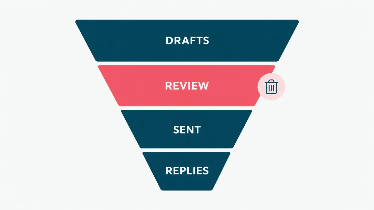 A quality funnel from AI drafts through human review to sent messages
