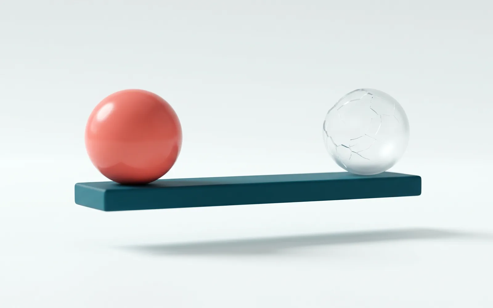 A solid coral sphere and an empty glass sphere balanced on a petrol seesaw, contrasting shipped AI with demo AI.