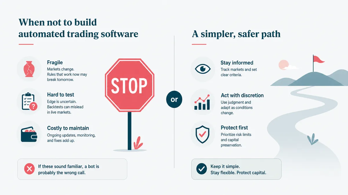 Choosing a simpler, safer path instead of a fragile trading bot near live money