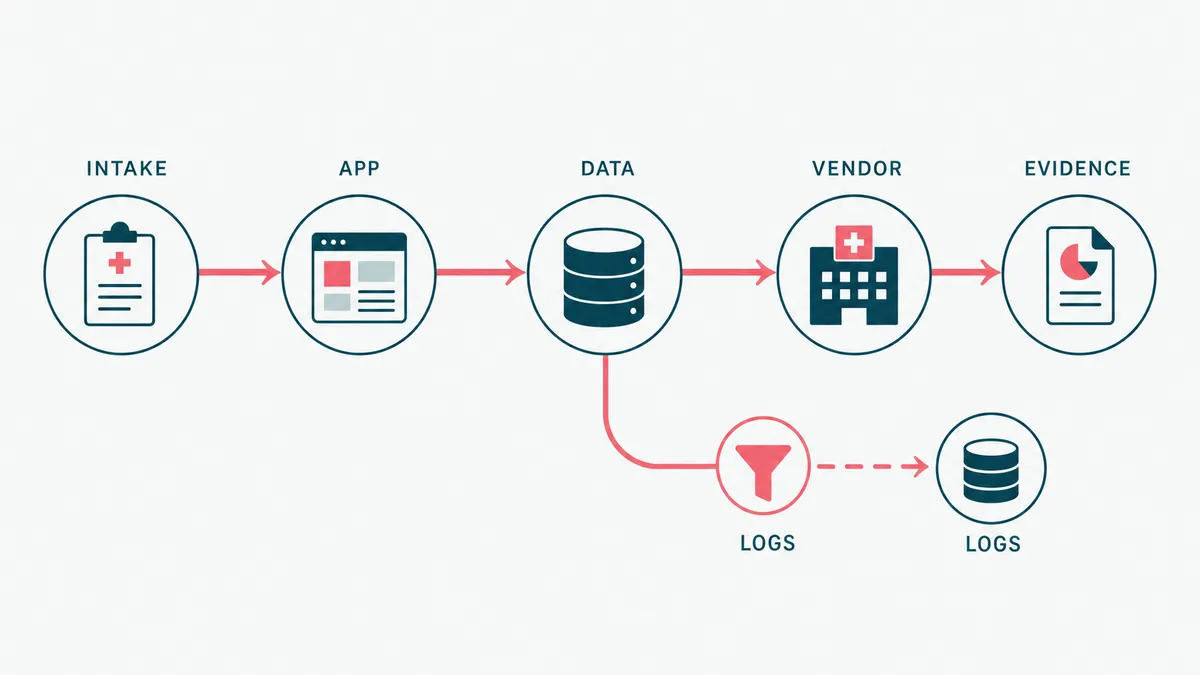 Protected health information moving from intake through the application, data store, vendor, logs, and evidence.