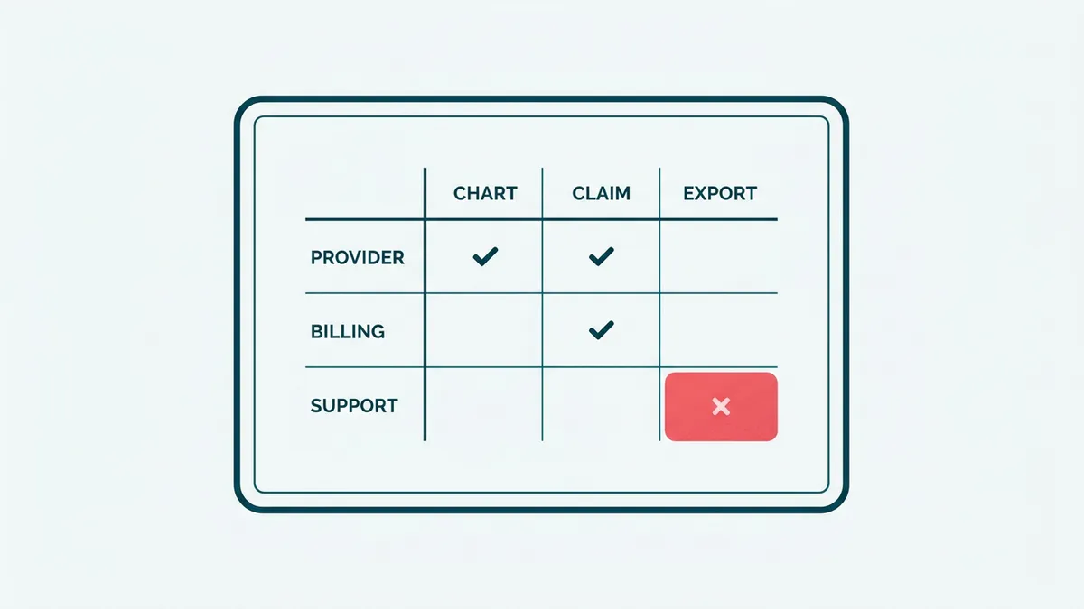 An application access matrix granting clinical and billing permissions while denying an inappropriate export.