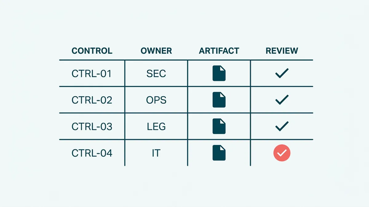 A HIPAA evidence register mapping controls to owners, artifacts, and review status.