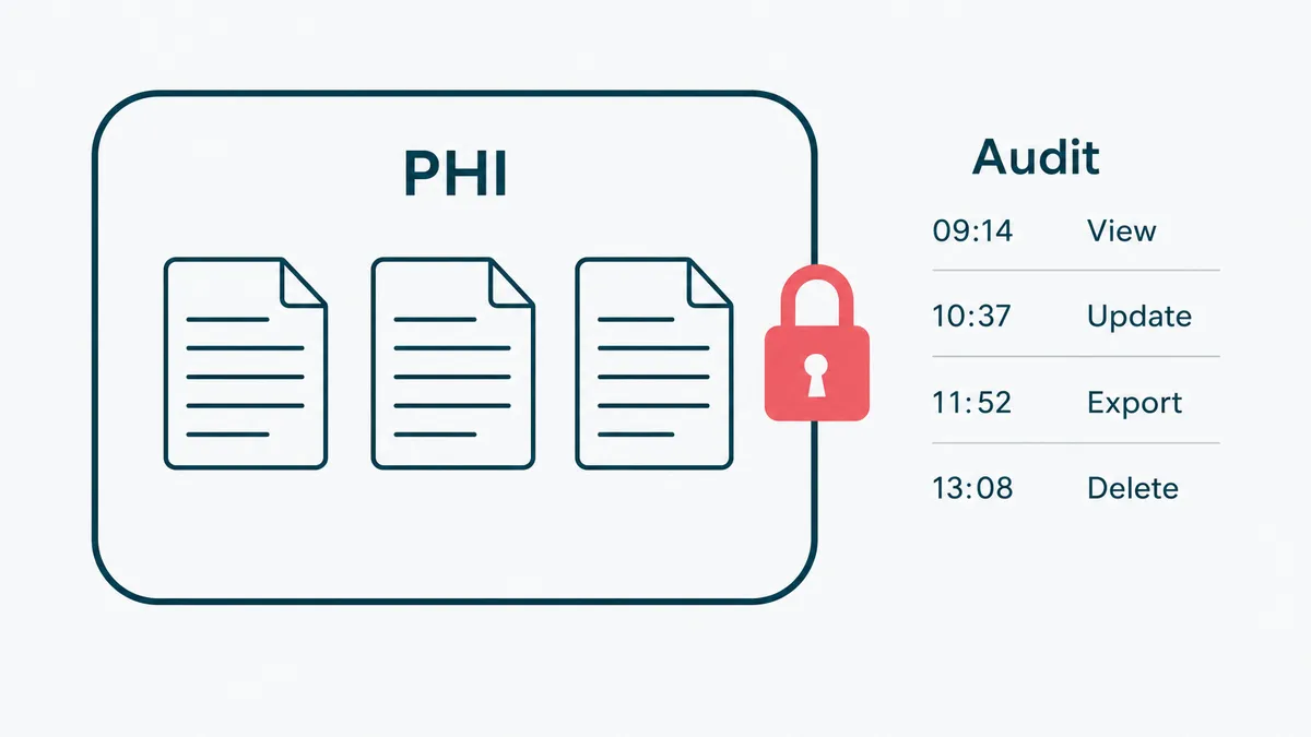 Protected health information inside a closed boundary, with a padlock and an audit log beside it