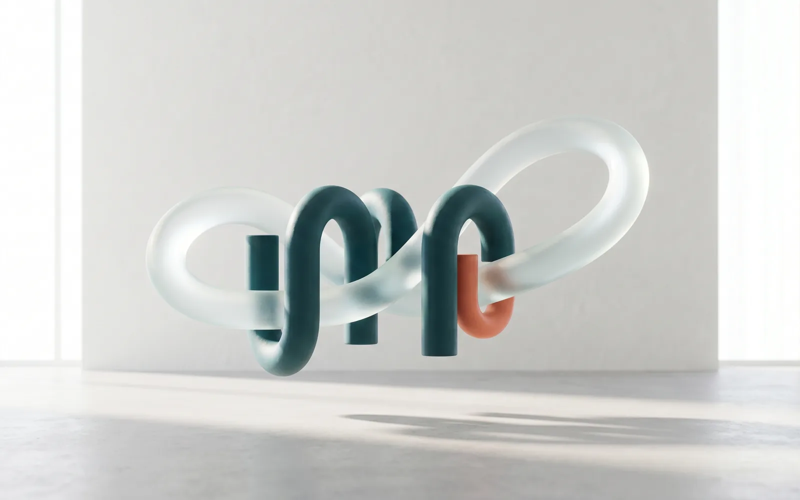 A frosted-glass ribbon threading smoothly through petrol forms, representing an automated clinical workflow.