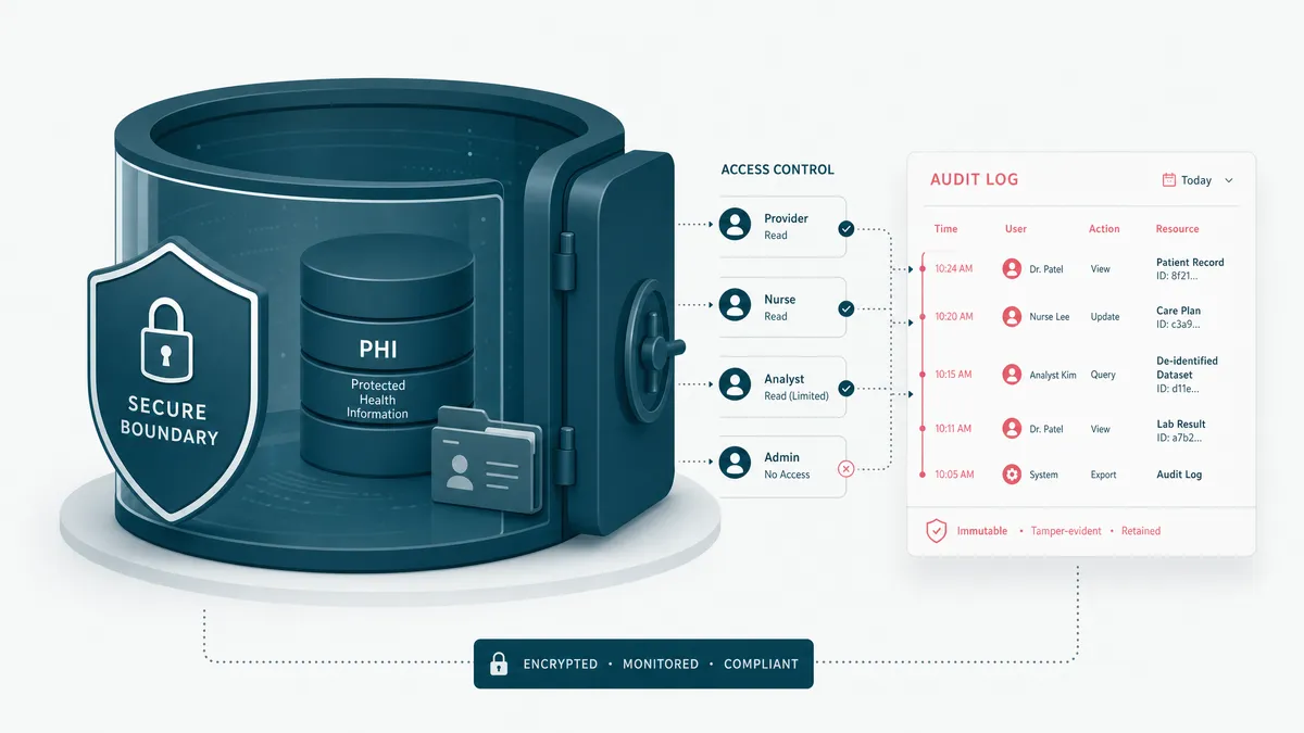 Protected health information held inside a secure boundary with an audit trail on every step
