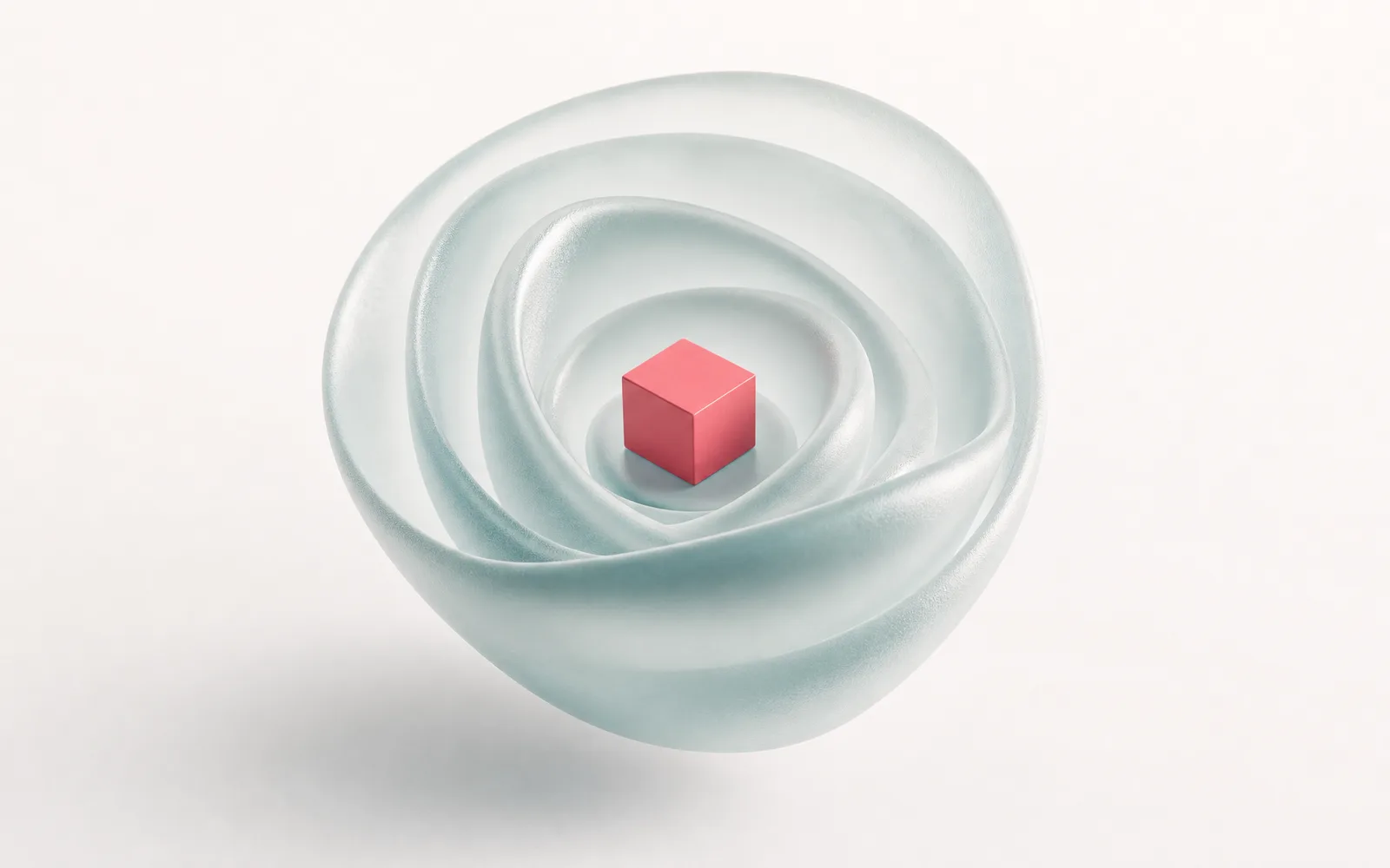 A small coral cube nested inside concentric frosted-glass shells, representing context surrounding a prompt.
