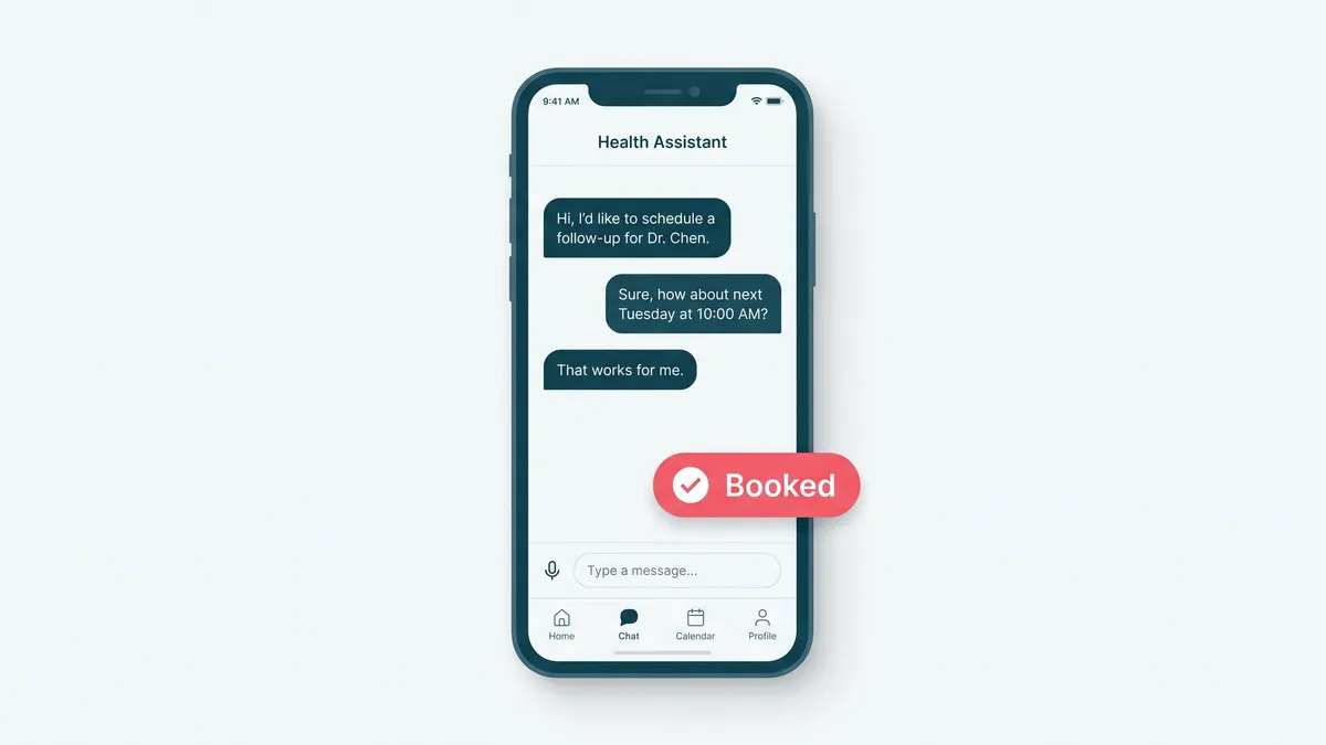 A healthcare chat assistant booking an appointment, with the booking confirmed