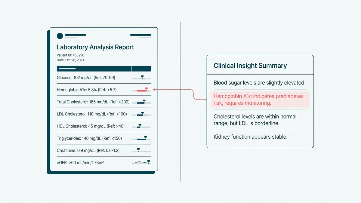 A lab report translated into plain-language values a provider can use during the visit