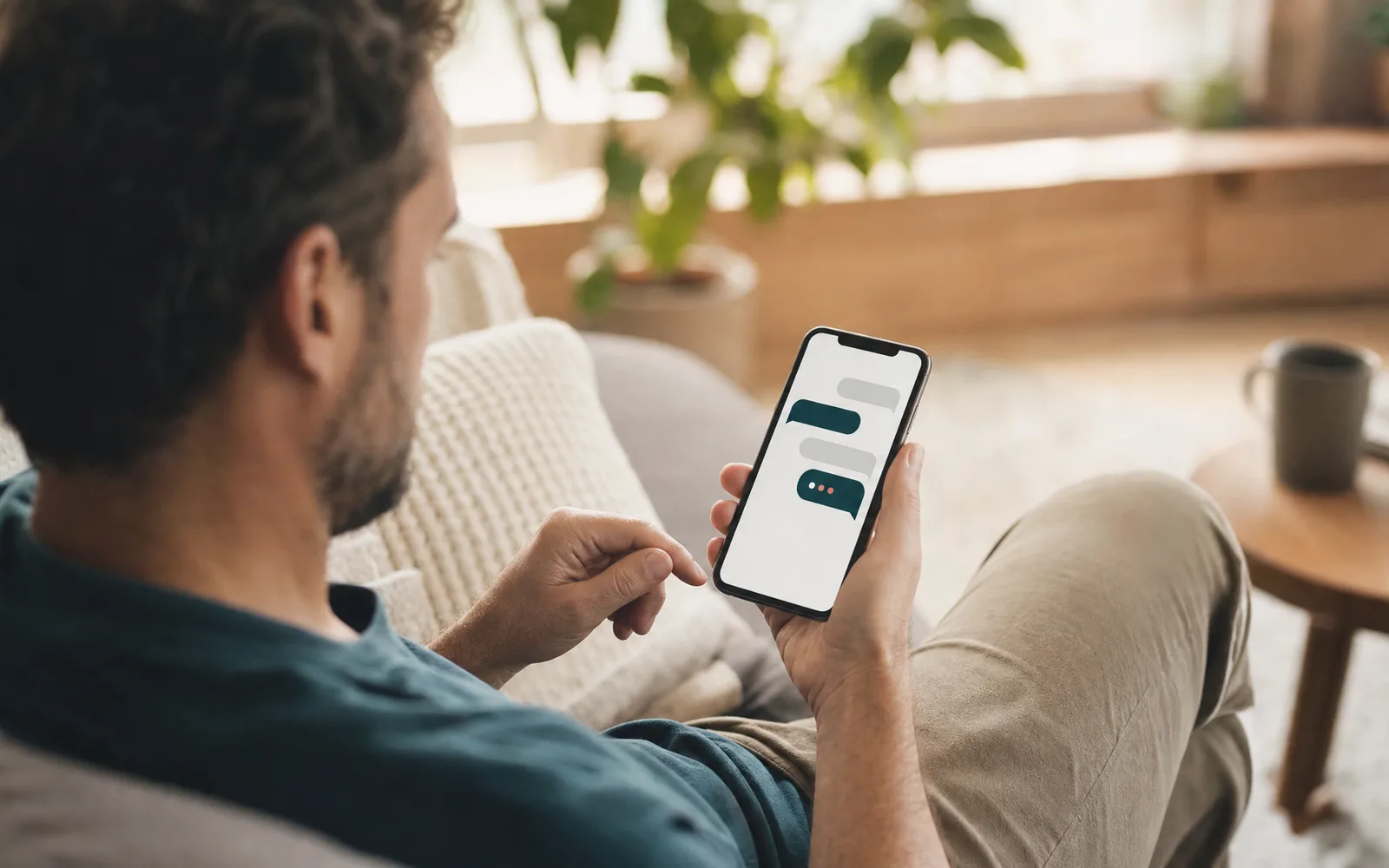 A patient at home using a healthcare chat assistant on their phone.