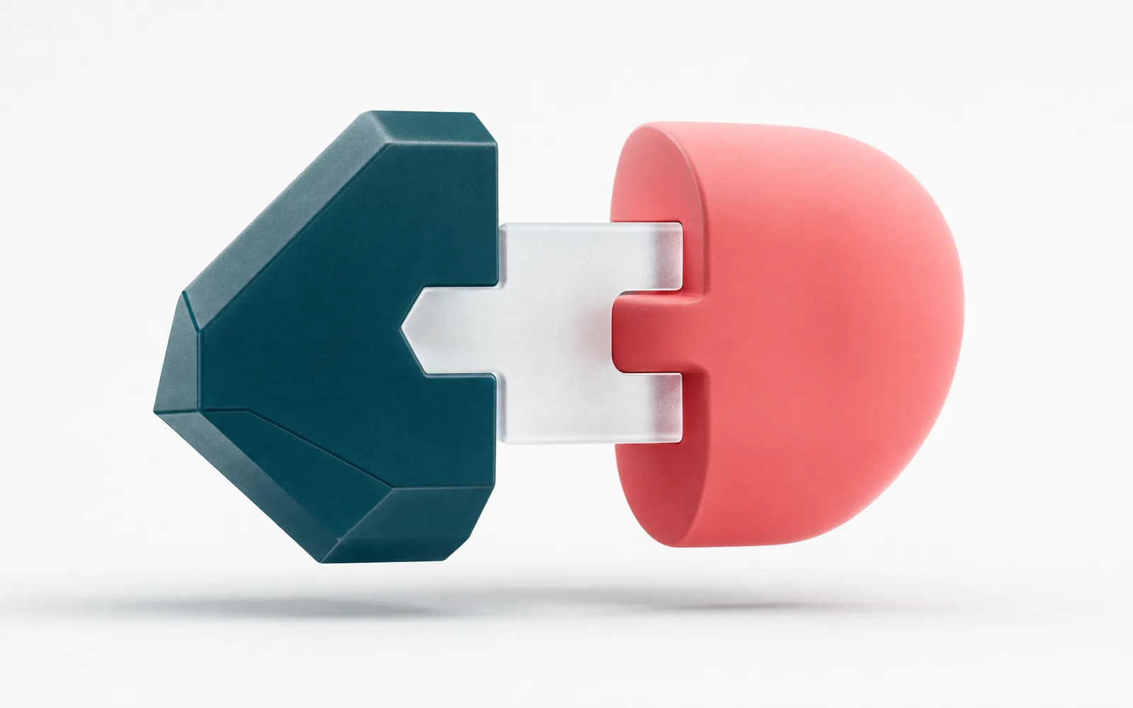 Two interlocking connector halves in petrol and coral fitting together, representing HL7 and FHIR interoperability.