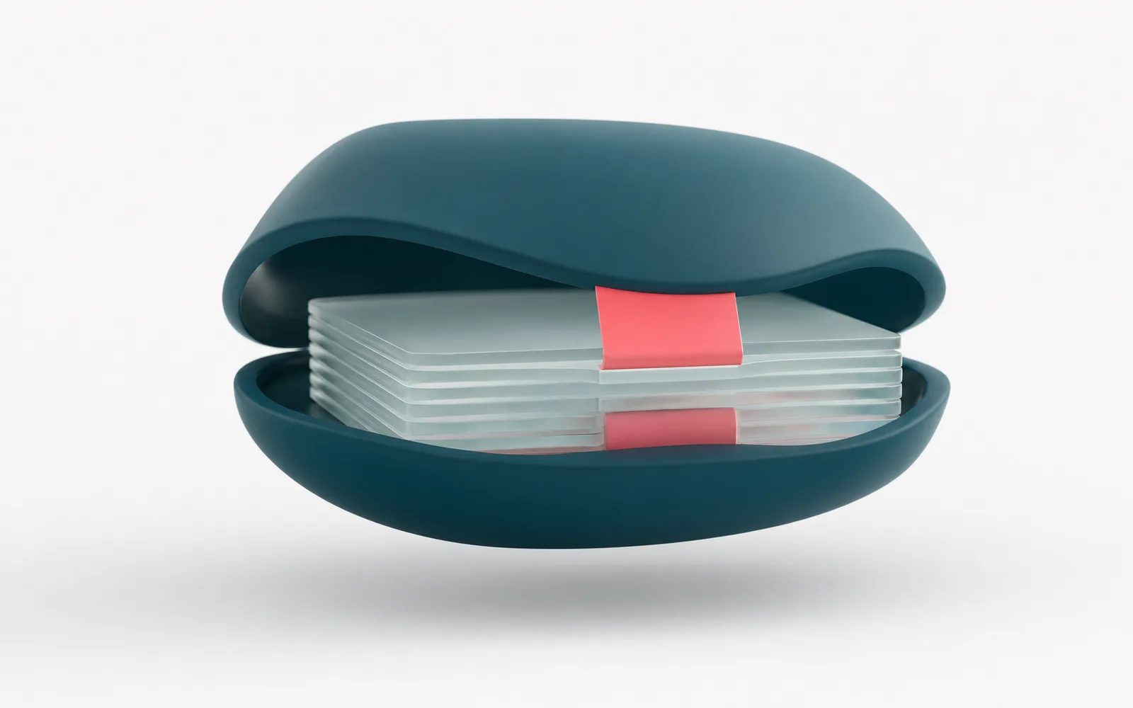 A petrol shell opening to reveal layered glass plates, representing structured, secured electronic health records.