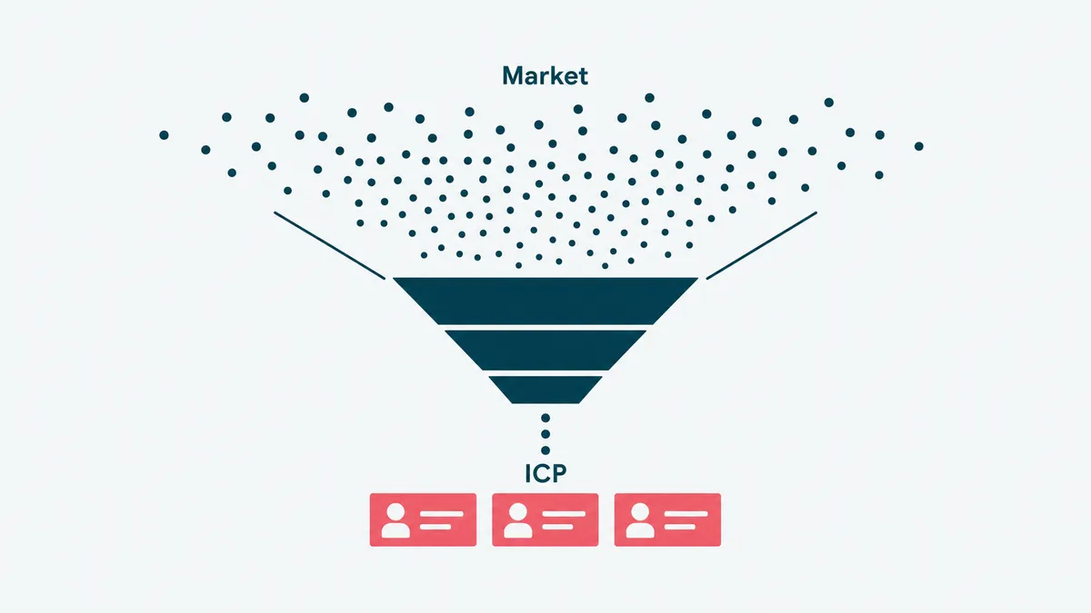 A targeting diagram narrowing a broad market down to a tight ideal customer list