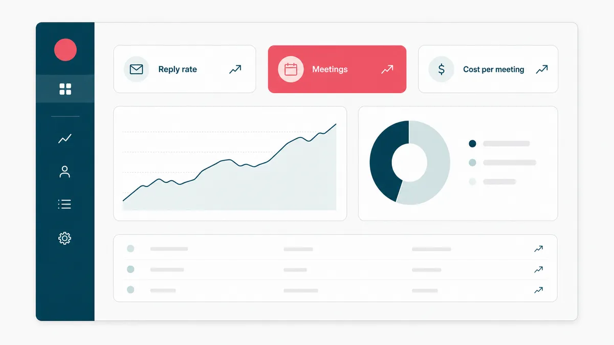 A dashboard of outbound metrics: reply rate, meetings booked, and cost per meeting