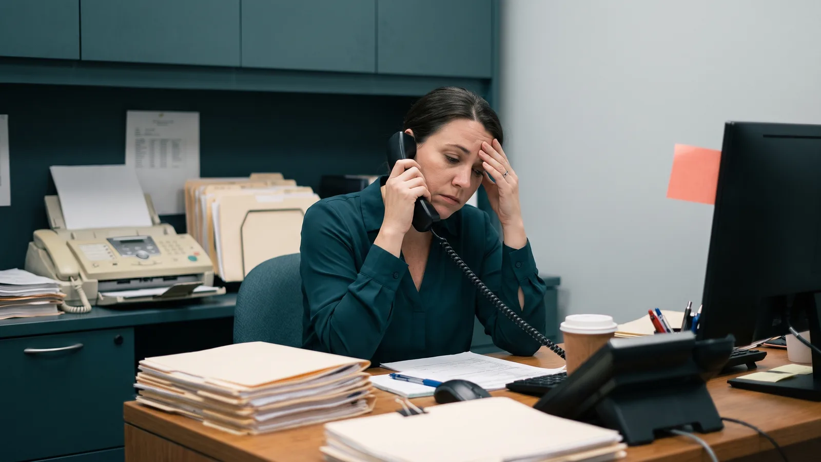 A medical office administrator on hold with an insurer, surrounded by paper charts and a fax machine.