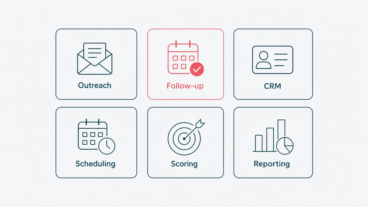 What sales automation covers: outreach, follow-up, CRM updates, scheduling, lead scoring, and reporting.