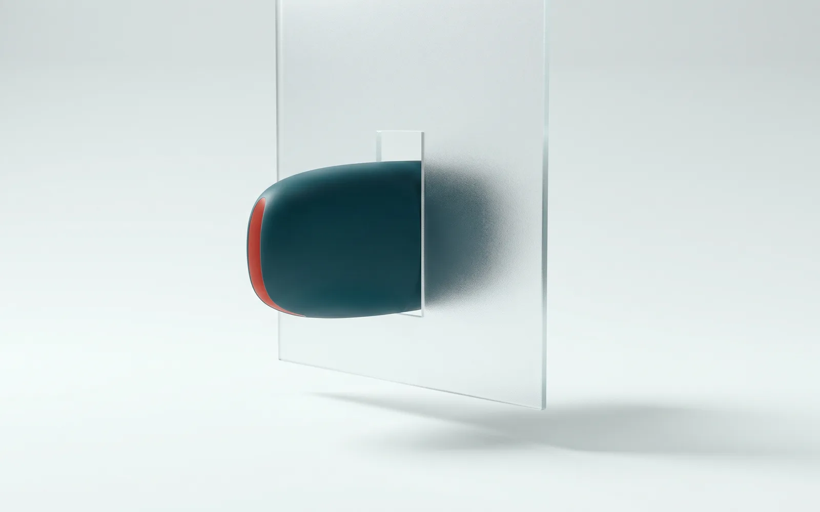 A petrol block easing through a narrow frosted-glass aperture, representing difficult, careful healthcare software delivery.