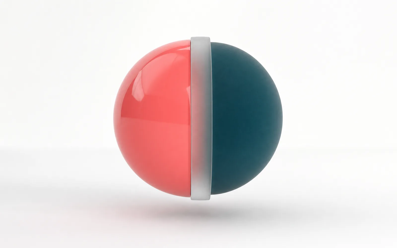 A sphere split into a glossy coral half and a plain petrol half, representing the unglamorous half of payments.