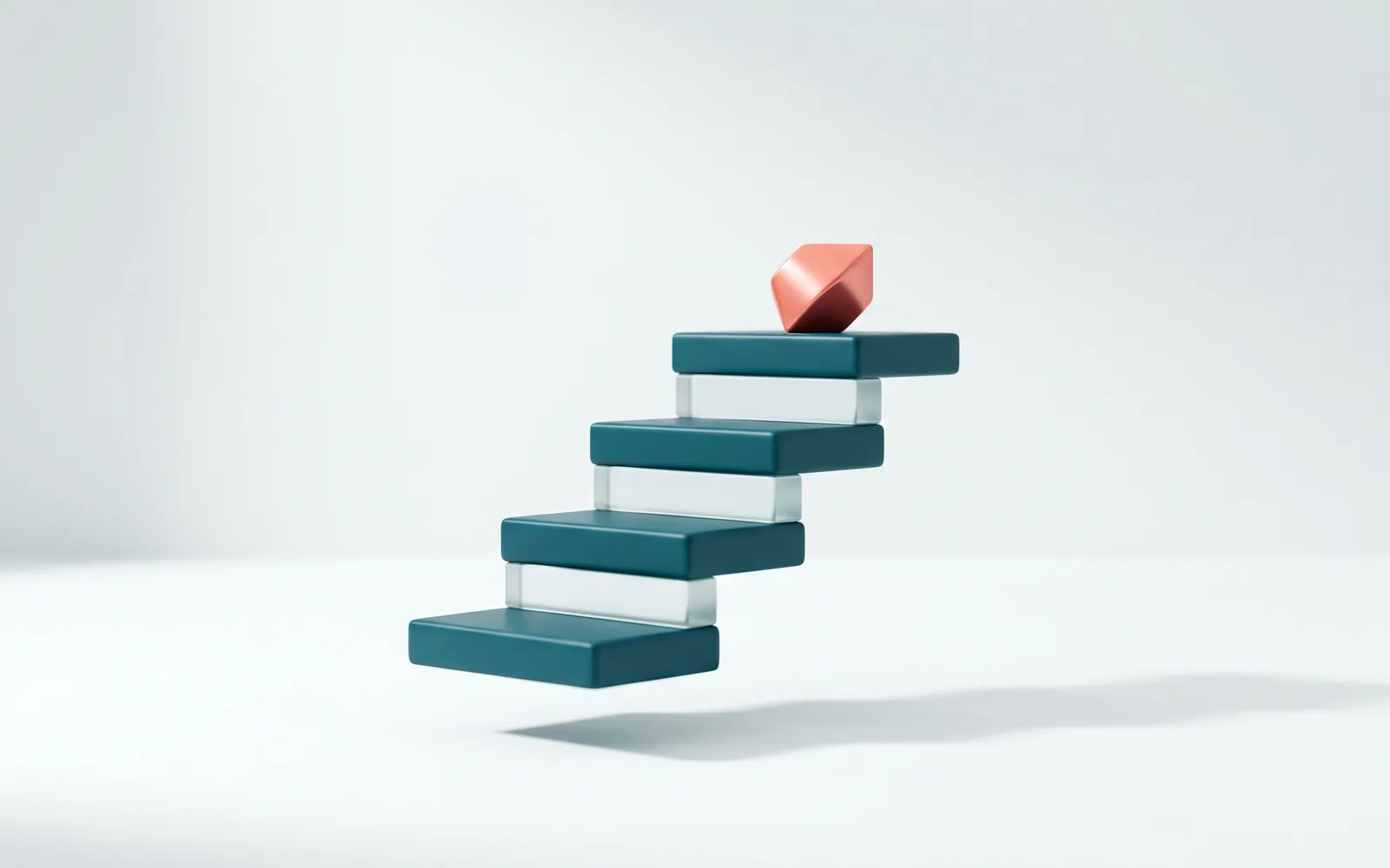 Floating glass and petrol steps ascending to a coral sphere, representing fast iterative progress to a prototype.
