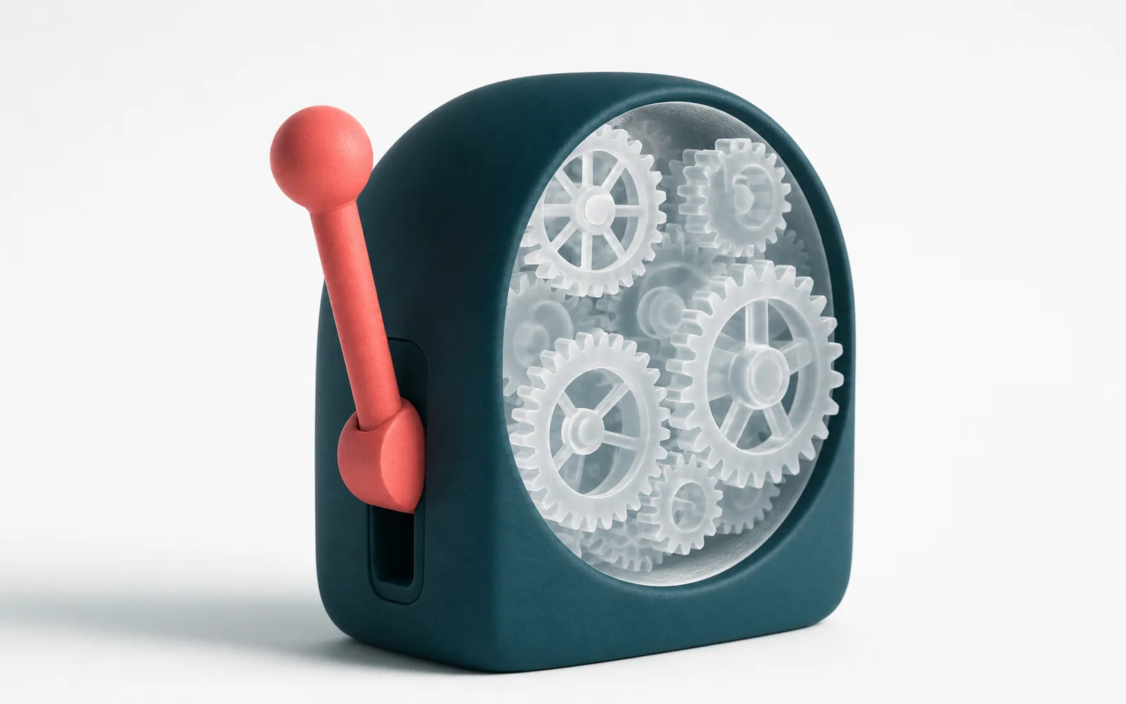 A manual petrol crank with glass gears and a coral handle, representing choosing a manual process over automation.