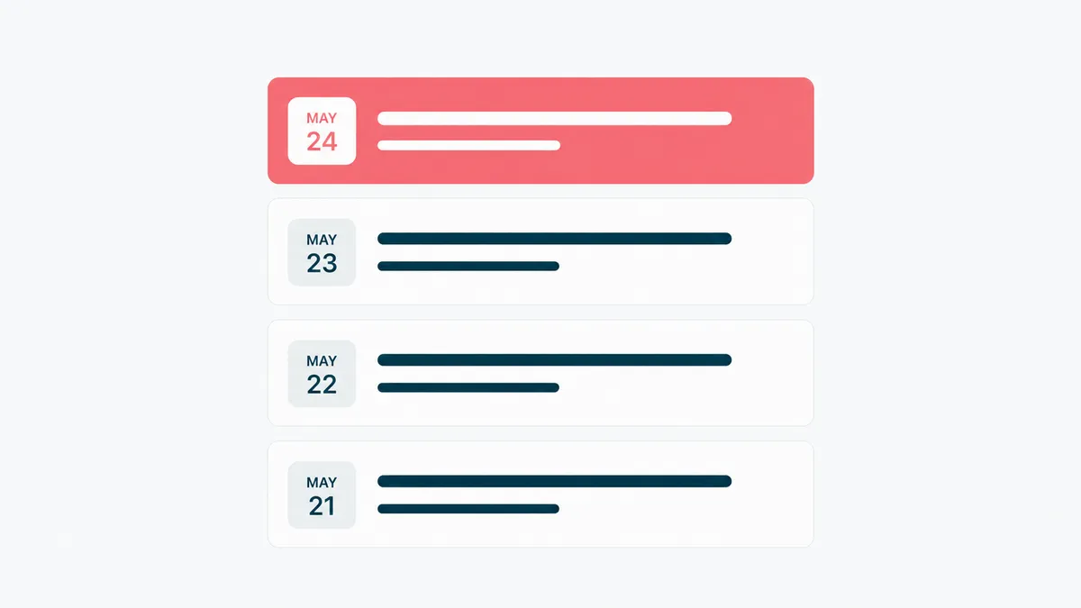 A workflow automation news feed of dated headlines flowing into a trends summary panel