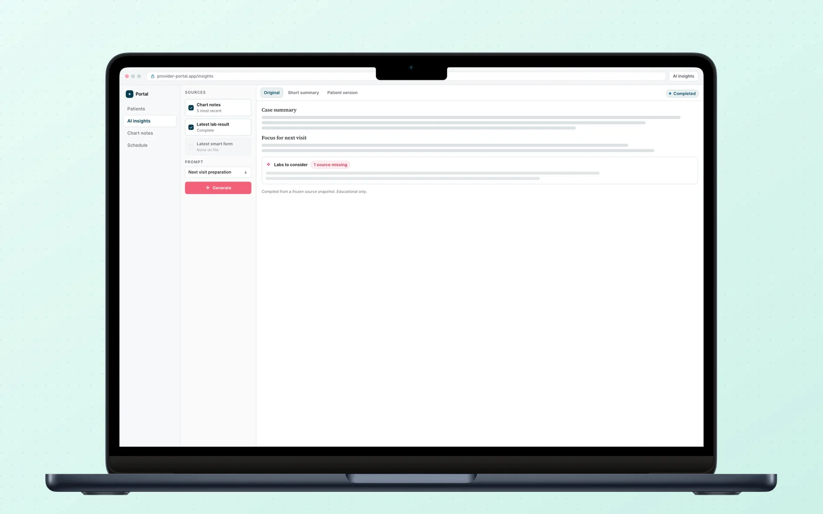 AI clinical insights compiled from a patient record. Anonymized rebuild, illustrative data.