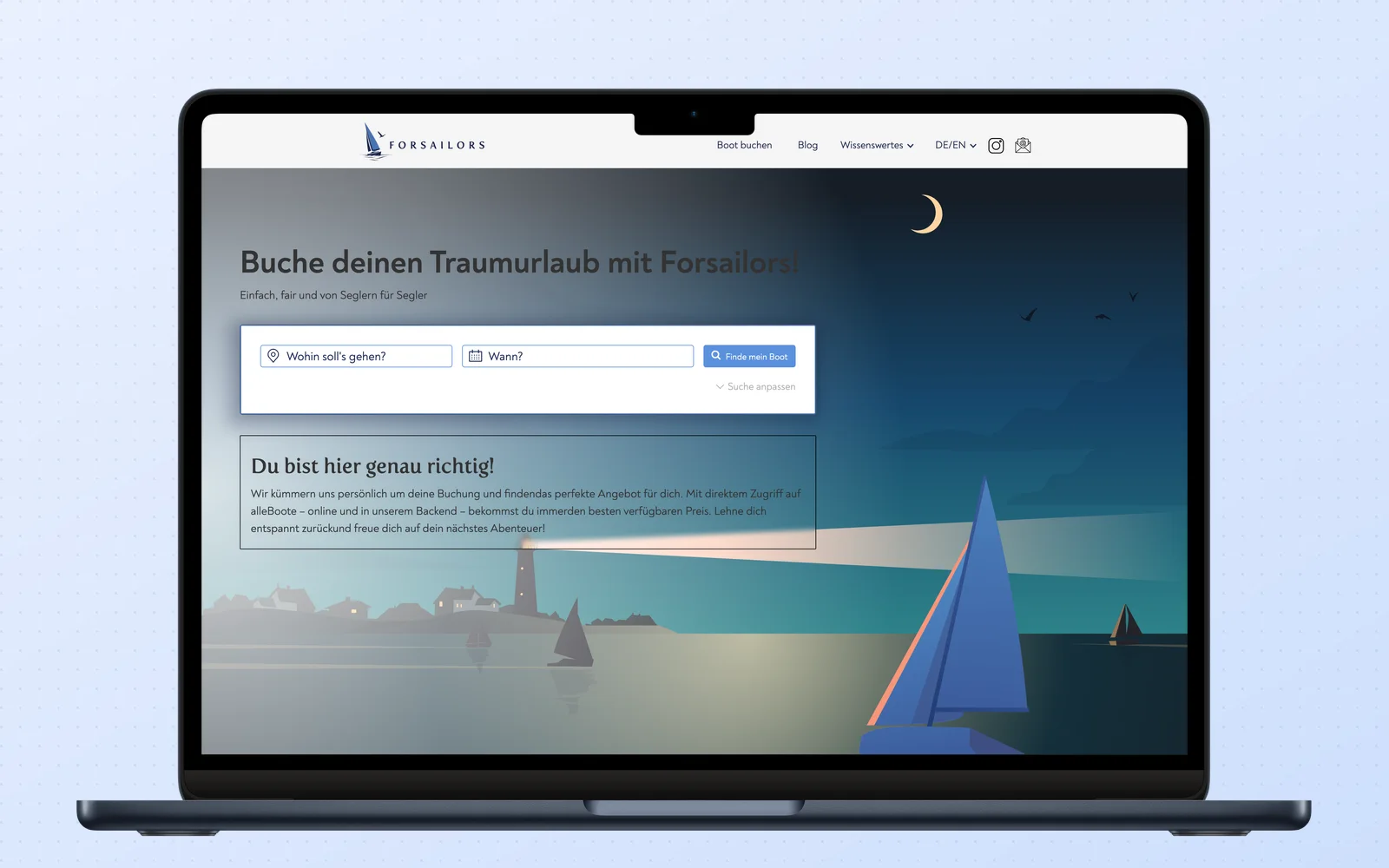 The live ForSailors homepage at forsailors.com, real screenshot: the German yacht charter search hero as shipped.