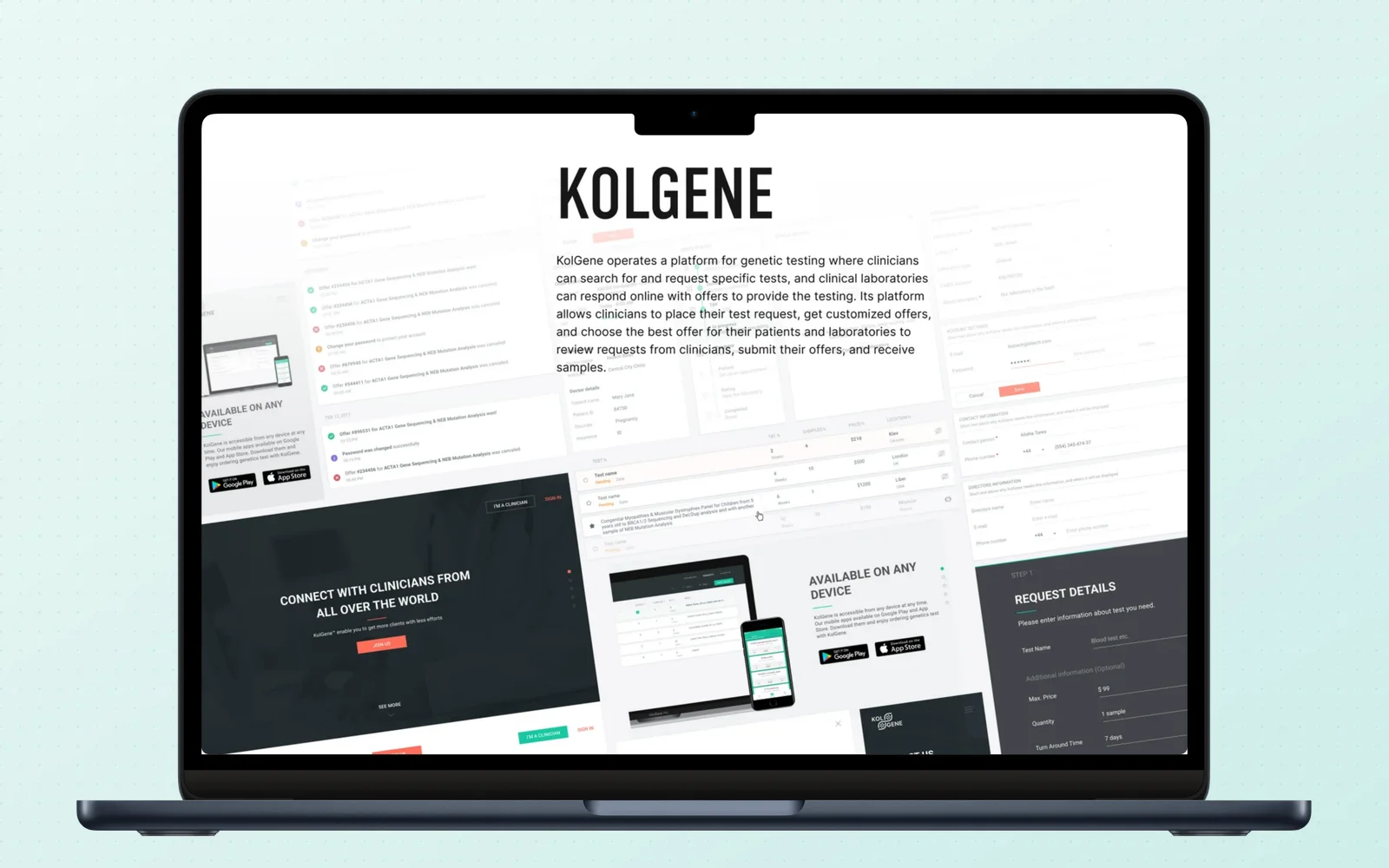 KolGene genetic-testing marketplace, using the supplied old portfolio visual with desktop and mobile product screens.