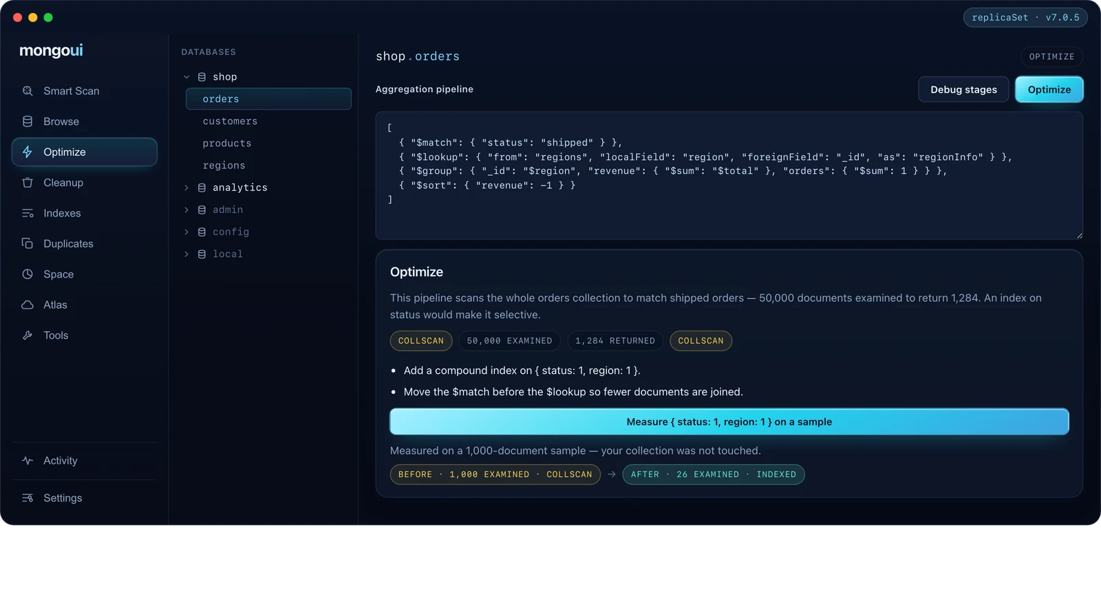 Query optimizer: Your real explain() read back in plain English, with the index that fixes it measured on a sample.