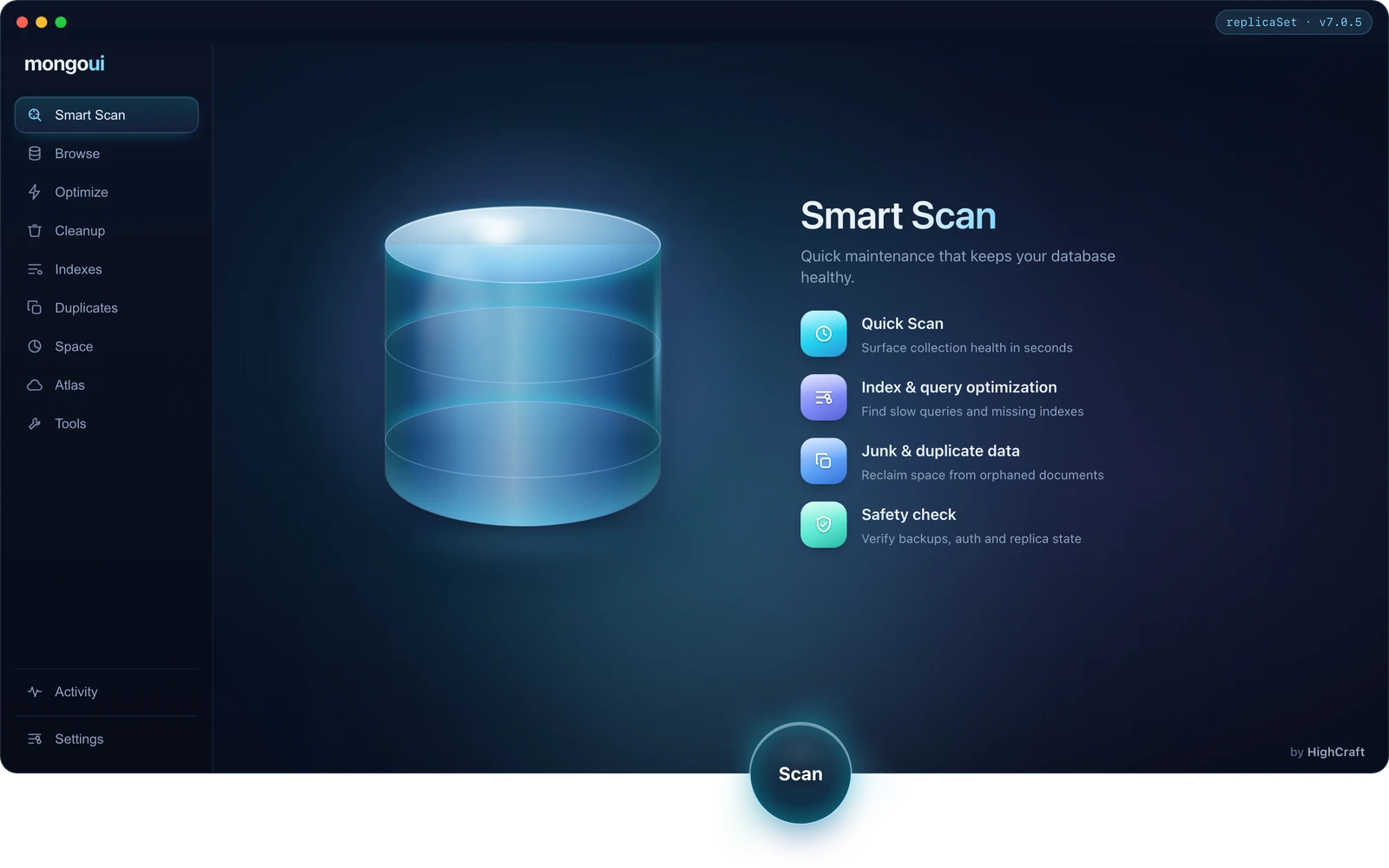 Smart Scan: One click runs a full health pass across indexes, storage, duplicates, and schema.