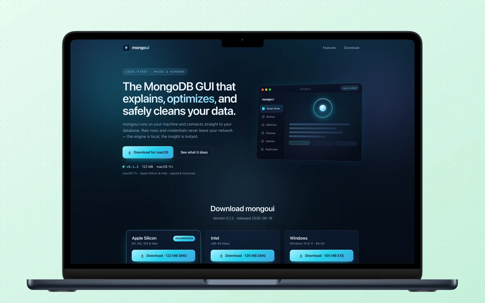 The live mongoui landing page at mongoui.com, real screenshot: the AI-native, local-first MongoDB GUI as shipped.