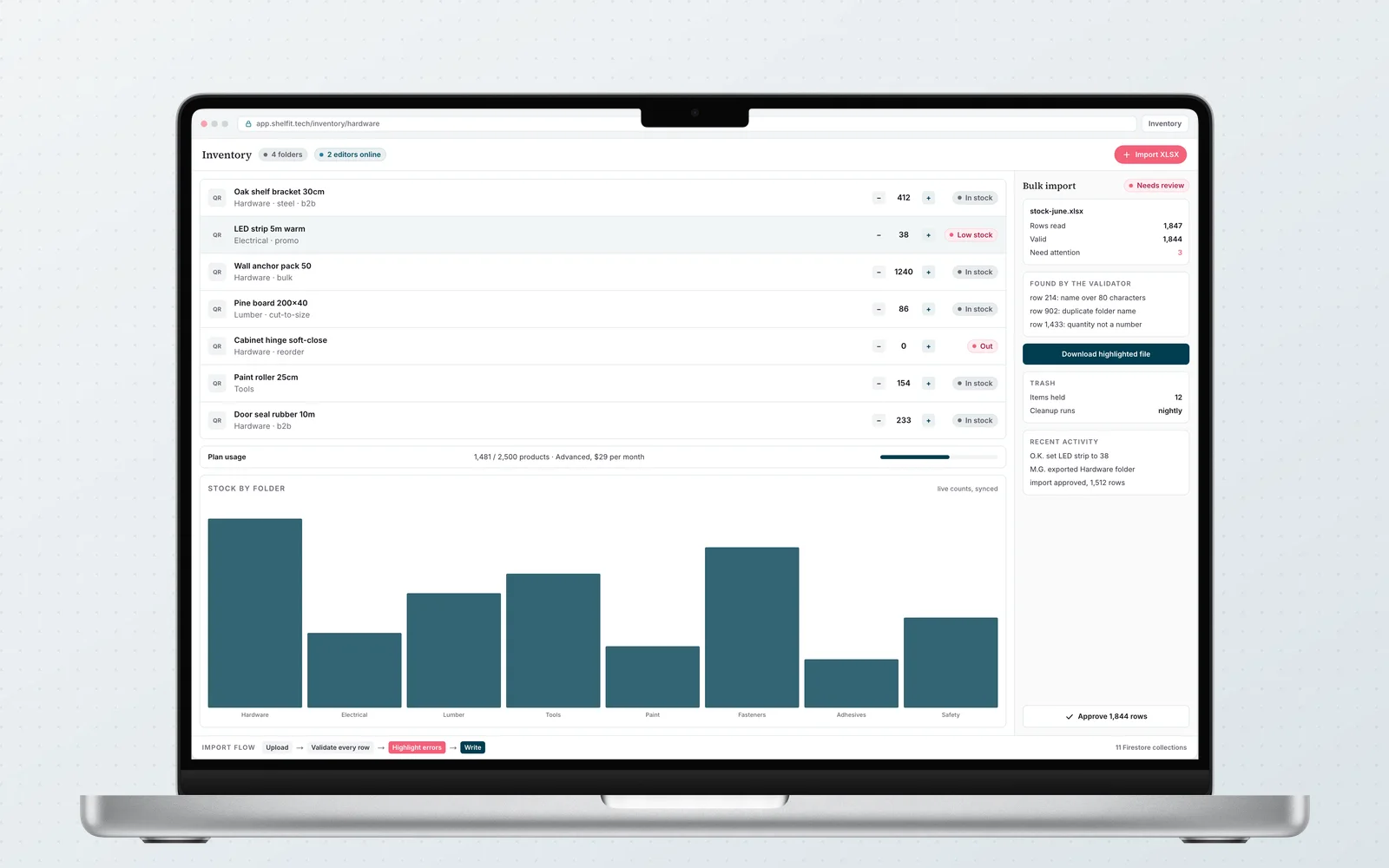The ShelfIt inventory panel, rebuilt for this page from the actual codebase: quantity steppers, labels, plan quotas, and the import validator flow. Illustrative rebuild; the product is retired.