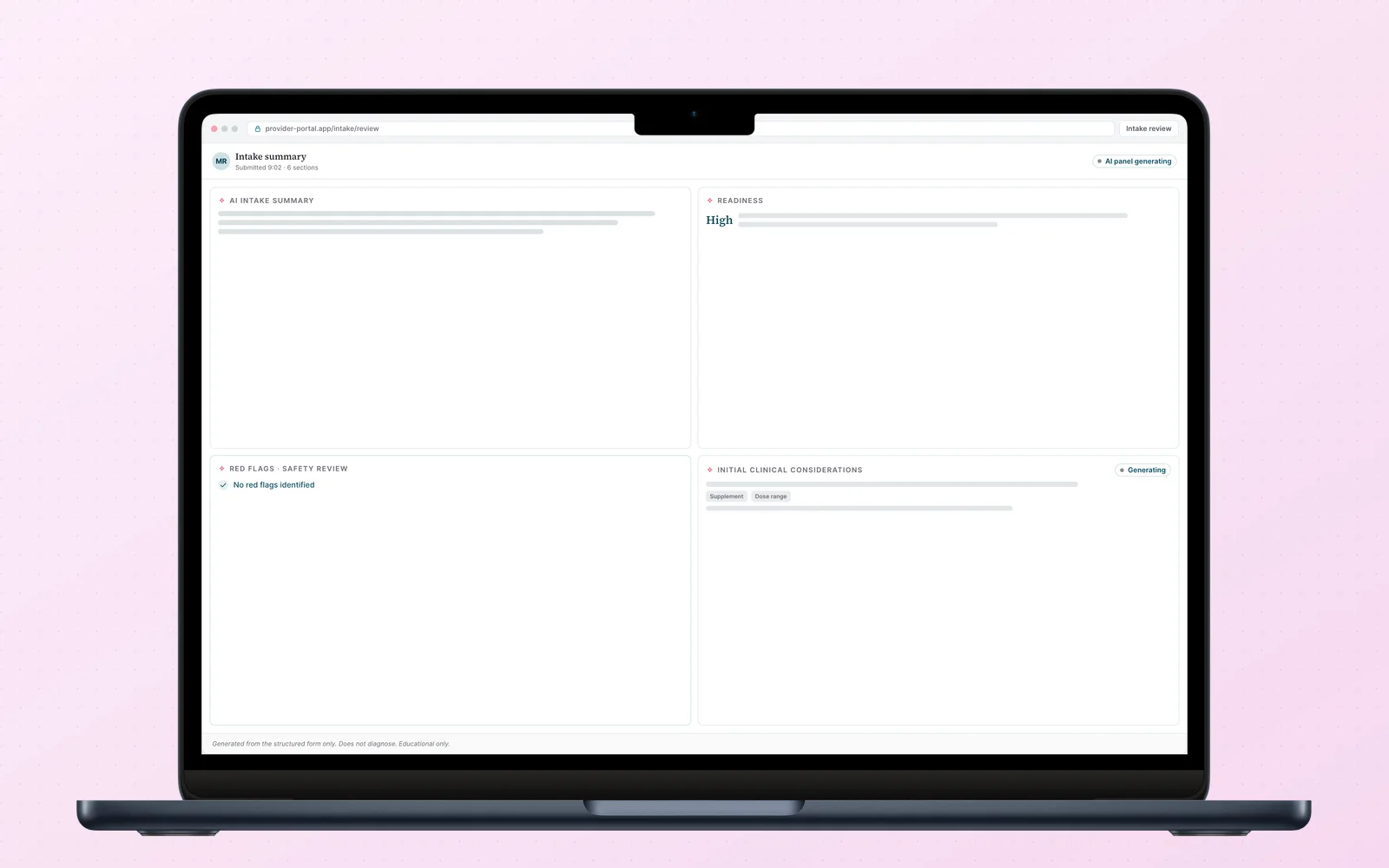 Provider AI panel generated from a submitted intake form. Anonymized rebuild.