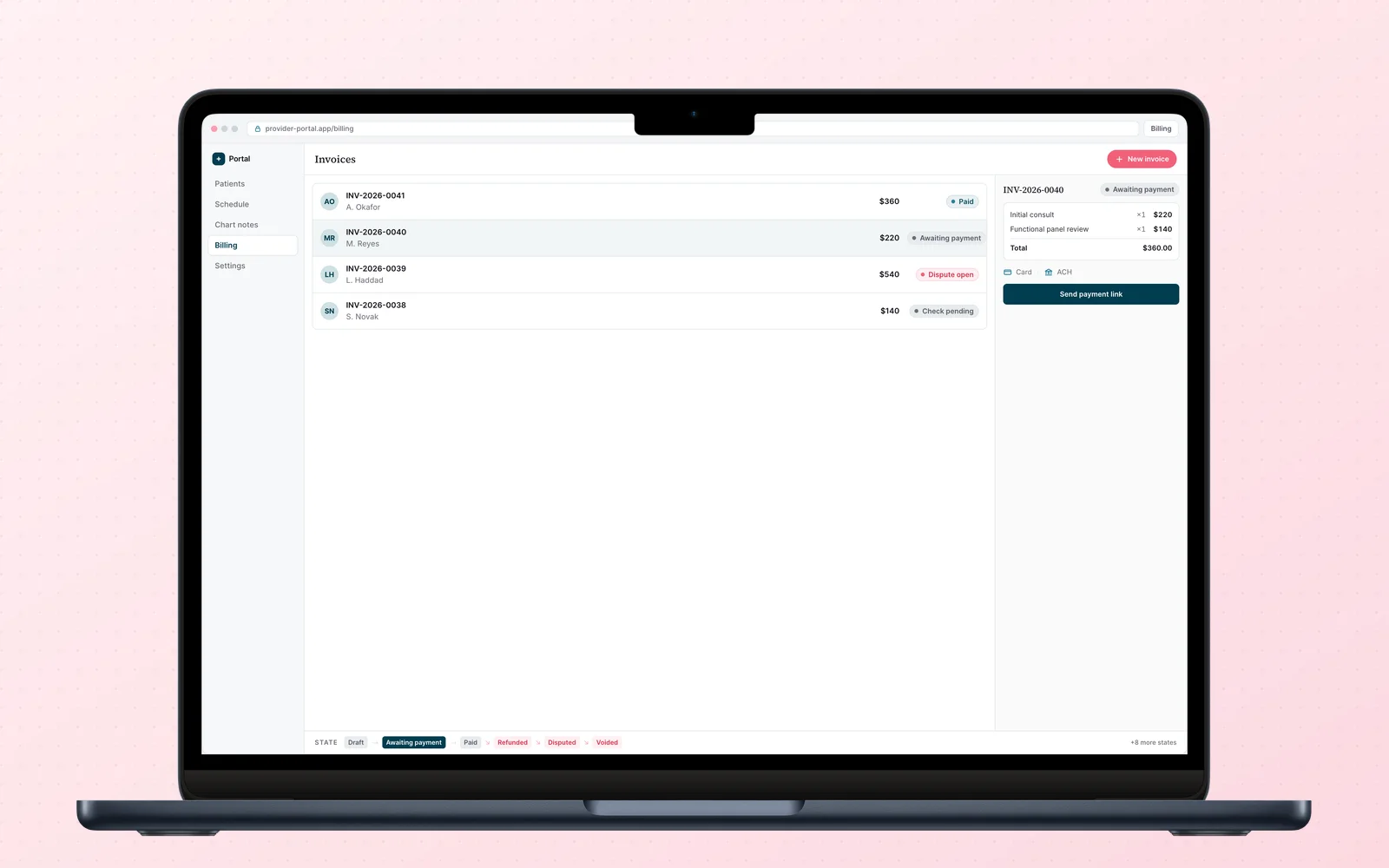 Invoice list and payment state machine. Anonymized rebuild, illustrative data.