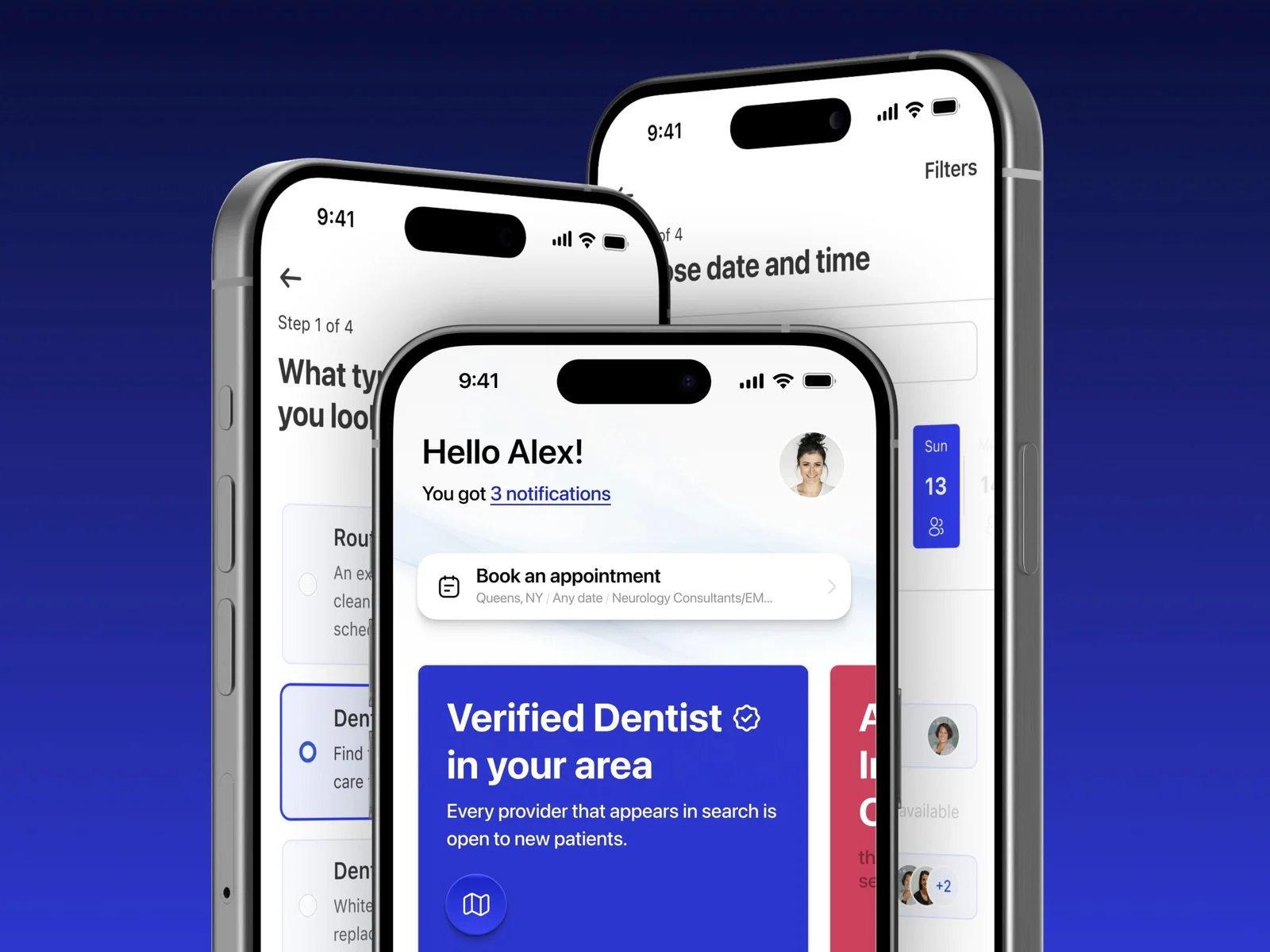 Patient home: The patient-facing home screen with notifications, appointment booking, and a provider card.