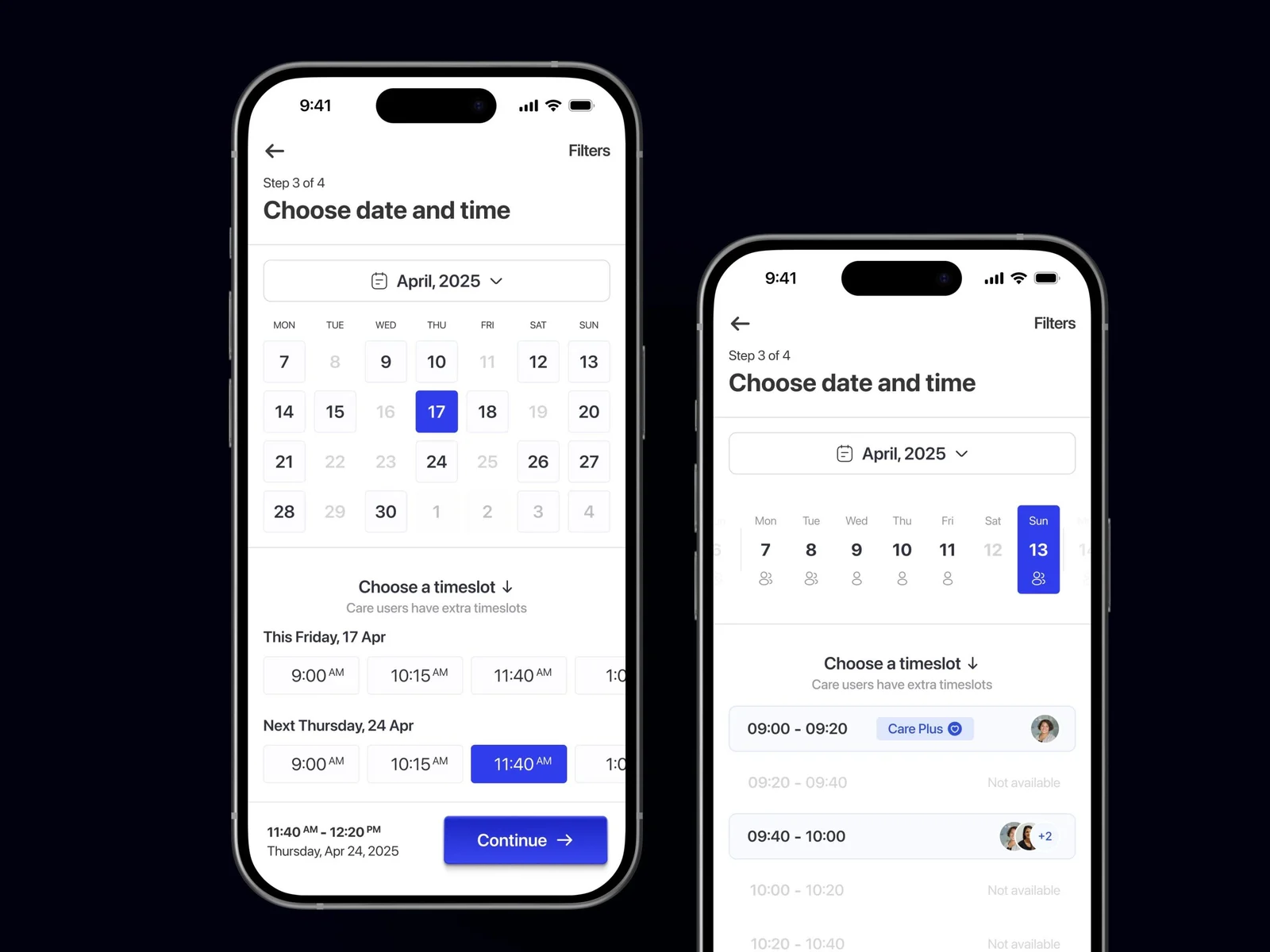 Timeslot booking: The date-and-time flow with calendar selection, available slots, and the confirmation step.