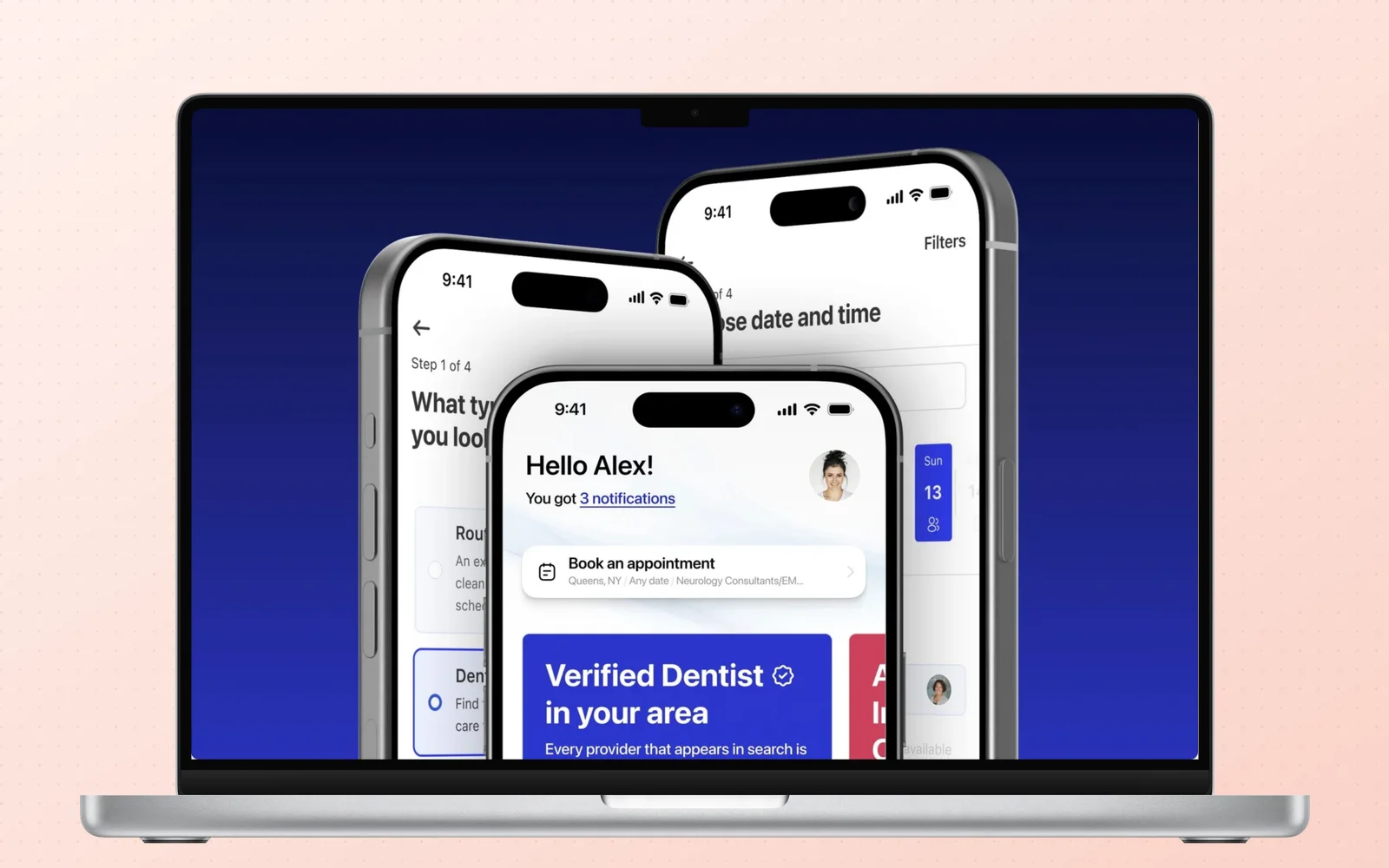 TeleCare360 mobile booking, provider availability, filters, and appointment flow, using supplied product visuals.