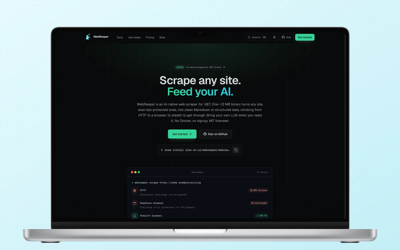 The WebReaper landing page at webreaper.ai, with its escalating HTTP to browser to stealth terminal demo.
