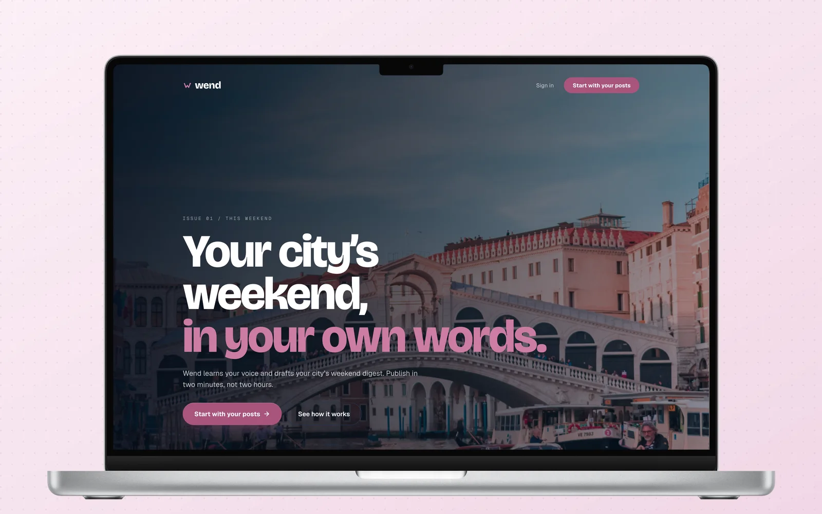 The live Wend landing page at wend.city, real screenshot: the cinematic-dark copilot for city guides as shipped.